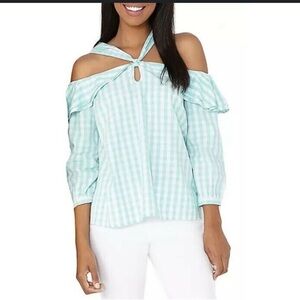 4/$20 Crown & Ivy gingham mint and white ruffle cold  shoulder top- size XL- NWT